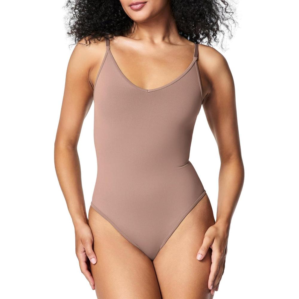 imageSPANXsculpt Seamless Power Thong Bodysuit Soft Seamless Shapewear for Women Adjustable Straps With Snap ClosureCafe Au Lait