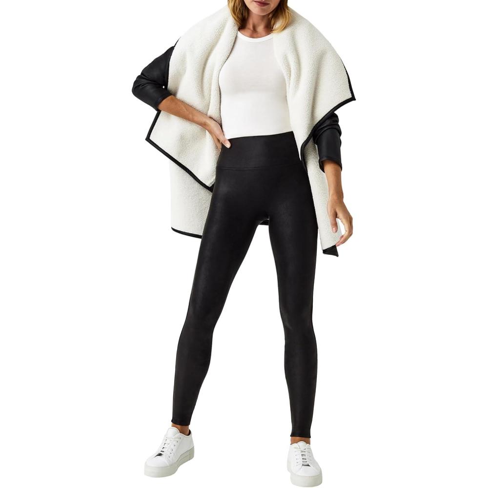 imageSPANX Faux Leather FleeceLined LeggingTummy Control LeggingContoured Power Waistband Stomach CompressionHigh WaistBlack
